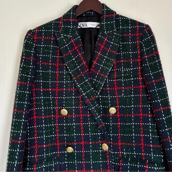 ZARA Tweed Plaid Double Breasted Blazer Green Red Gold Buttons - Picture 10 of 14